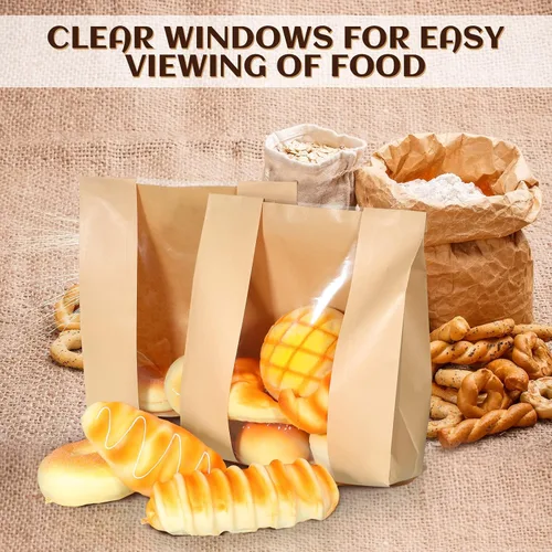 Miniatura 7 de Meanplan 150 bolsas de panadería con ventana, bolsas grandes de papel para pan casero, embalaje Kraft con 10 hojas de calcomanías para pan de masa