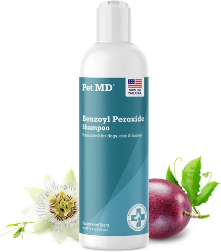 Champú medicado con peróxido de benzoilo para perros y gatos de Pet MD, eficaz para seborrea, caspa, sarna, alivio de picaduras de insectos, acné y