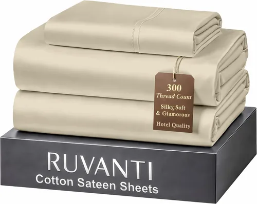 Miniatura 13 de RUVANTI Juego de sábanas de 100 % algodón tamaño matrimonial, tejido de satén suave y sedoso de 300 hilos, refrescante, ligero y transpirable, Beige
