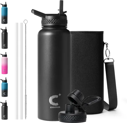 Miniatura 14 de Coolplus - Botella de agua de 32 onzas aislada, termo de agua de acero inoxidable con popote de metal de doble pared al vacío con funda de Negro