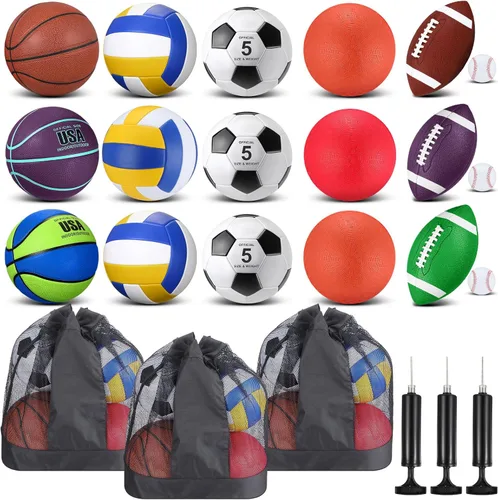 Miniatura 10 de Leyndo Juego de 18 Pelotas Deportivas a Granel Baloncesto Fútbol Americano Voleibol Fútbol Soccer Parque Infantil Béisbol con Bolsa de Equipo Negro