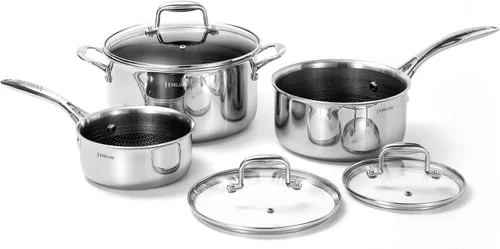DELUXE Juego de 6 ollas antiadherentes de cerámica híbrida, 1.3, 3 y 5.4 cuartos de galón con tapa de vidrio templado, ollas de cocina de acero