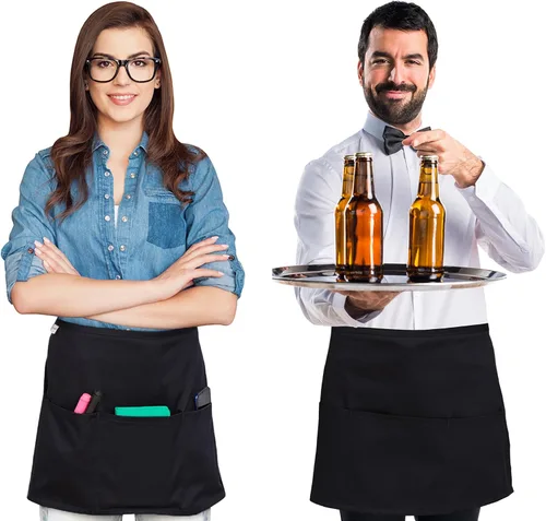 Miniatura 6 de RUVANTI Paquete de 6 delantales de servidor con bolsillos, delantal negro para hombres, delantales de chef de polialgodón para mujeres con correa