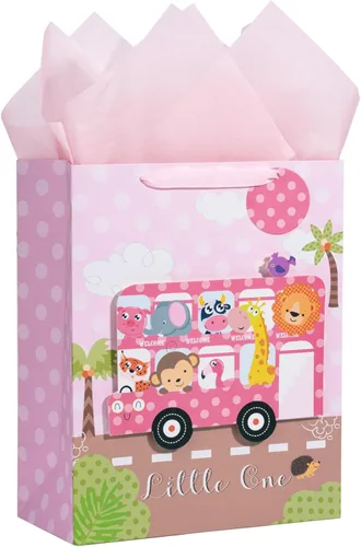 Miniatura 8 de LeZakaa Bolsa de regalo rosa de 1er cumpleaños para niños y niñas, bolsa de regalo de 13 pulgadas con papel de seda, etiqueta de regalo y tarjeta