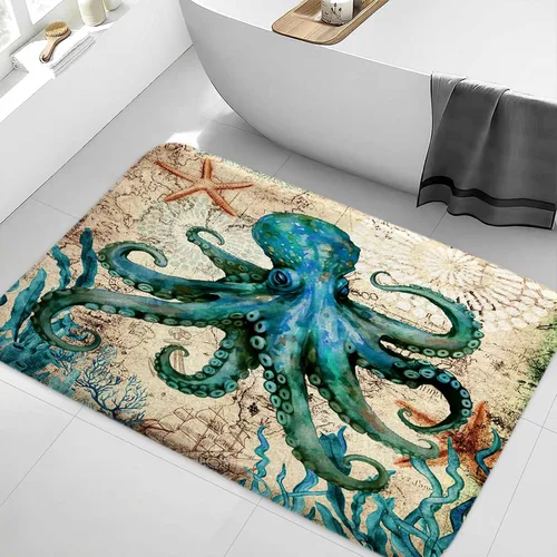 Boziqr Alfombra de baño náutica vintage de pulpo, alfombra de baño retro océano playa, absorbente de agua, antideslizante, alfombra de ducha de
