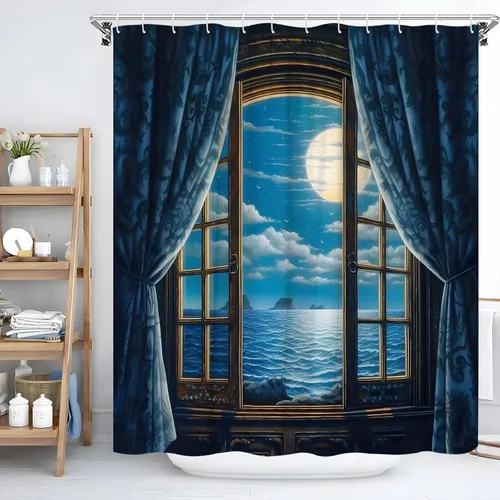 Miniatura 3 de Cortina de ducha de playa retro azul gótico europeo, cortina de ventana oscura noche llena luna llena océano ola mar balcón verano tropical Hawaii