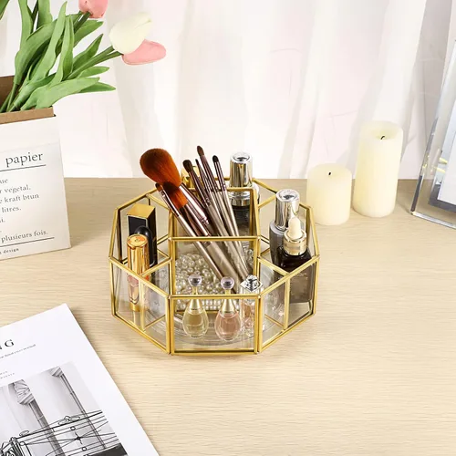 Miniatura 2 de Hipiwe Organizador de maquillaje de vidrio giratorio de 360 grados, 5 ranuras de metal dorado, soporte de exhibición de almacenamiento de cosméticos
