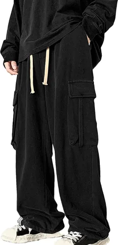 GORGLITTER Pantalones de carga sólidos con bolsillo con solapa para hombre, pantalones largos con cordón en la cintura
