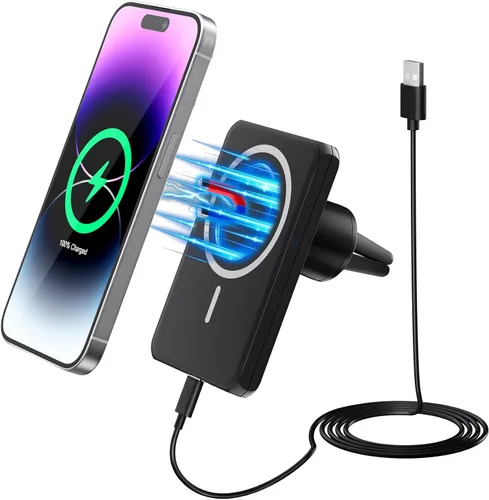 MagSafe - Soporte de cargador de coche inalámbrico magnético de 7.5 W para iPhone serie 17/16/15/14/13/12, agarre fuerte, giratorio de 360°, Negro