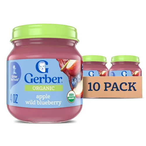 Gerber Alimento para bebés etapa 2, tarro orgánico de arándanos salvajes de manzana, puré de frutas, vitamina C, sin OMG, fruta de alimentos para