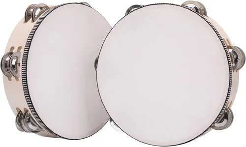 Paquete de 2 panderetas de doble fila de 8 pulgadas para adultos, pandereta de tambor de mano de madera con cascabeles de metal, instrumentos