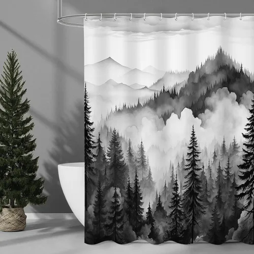 Miniatura 13 de Litabel - Cortina de ducha negra pequeña de 36 x 72 pulgadas, diseño de bosque de pino neblinoso, cortinas de ducha estrechas de medio
