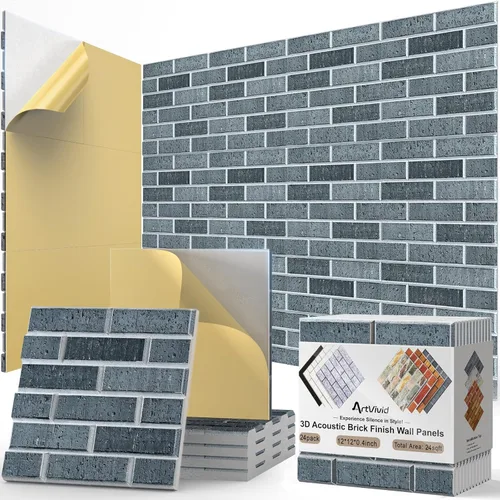 Miniatura 31 de Paquete de 12 paneles acústicos, paneles autoadhesivos con patrón de ladrillo 3D a prueba de sonido para paredes, paneles decorativos de pared