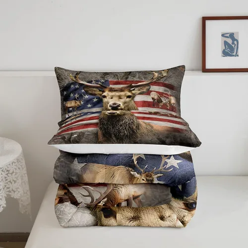 Miniatura 7 de Juego de edredón de ciervo con bandera americana tamaño Queen, edredones con temática de animales salvajes y árboles color marrón para niños