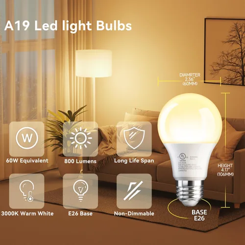 Miniatura 2 de TJOY Paquete de 6 Bombillas LED A19, Bombilla LED Equivalente a 60 Vatios, Blanco Cálido 3000K, Eficiente 9W, Base Estándar E26, Bombilla de Ahorro