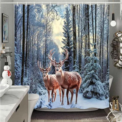 Miniatura 2 de MERCHR Cortina de Ducha de Nieve de Bosque Invernal, Cortina de Ducha de Pino Navideño y Venado Copo de Nieve para Baño, Decoración Festiva Navideña