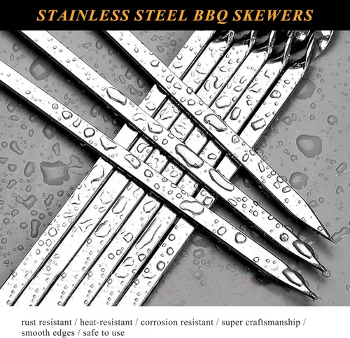 Miniatura 4 de Brochetas de metal para parrilla, paquete de 50 brochetas de 14.8 pulgadas, brochetas planas para barbacoa, juego de brochetas reutilizables
