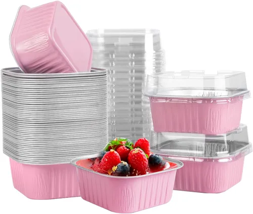 Miniatura 8 de 50 Pcs Mini Square Baking Cups with Lids,5oz Aluminum Foil Mini Cake Pans with Lids,Disposable Ramekins Cake Pans,150ml Dessert Cups Cupcake Pans