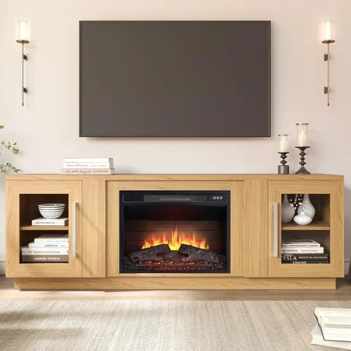 Miniatura 11 de Cheerway Soporte de TV con chimenea 3D para televisores de hasta 65 pulgadas, mesa de centro de entretenimiento multimedia de madera y gabinetes