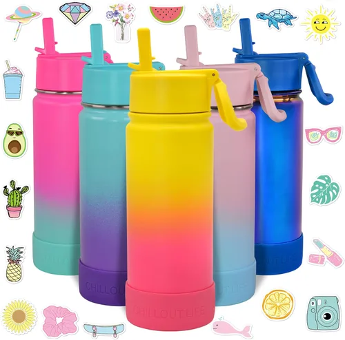 Miniatura 38 de CHILLOUT LIFE - Botella de agua aislada de 17 onzas con tapa con pajilla para niños, a prueba de fugas y bonitas calcomanías impermeables, termo