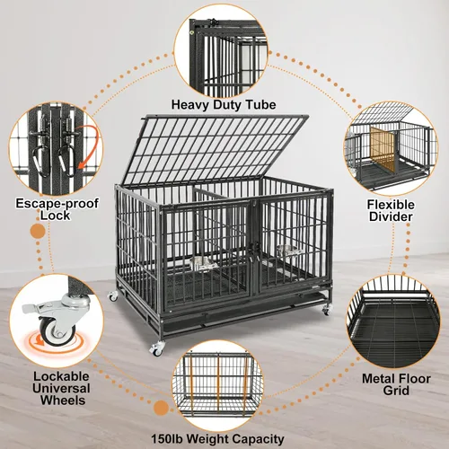 Miniatura 3 de Homey Pet Paquete de 2 jaulas apilables de tres niveles de 43 pulgadas para perros con ruedas, jaula de acero indestructible para perros