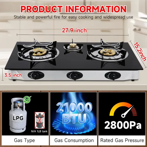 Miniatura 2 de Cocina de gas propano, estufa de gas de 3 quemadores portátil, vidrio templado de 0.28 pulgadas, encendido automático, 3 quemadores GLP para RV