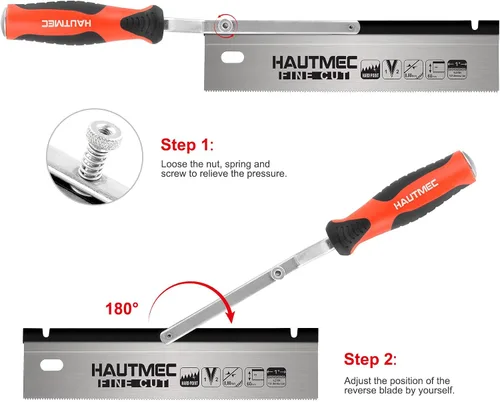Miniatura 5 de HAUTMEC HT0234 - Sierra de cola de milano reversible de 10 pulgadas, sierra de jamba de corte profesional a ras de 12TPI con mango de manivela