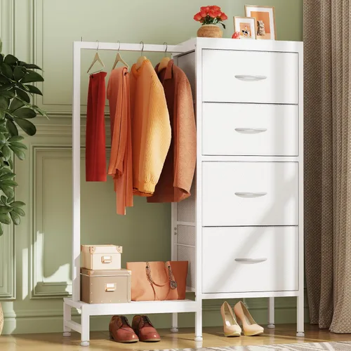 HIGDBFE Cómoda alta de 44 pulgadas de alto con estante para colgar, cómoda pequeña de 4 cajones para dormitorio, cómoda de tela reversible con Blanco