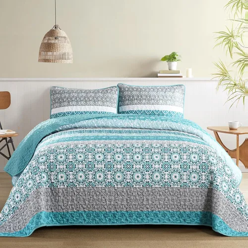 Miniatura 10 de WONGS BEDDING Juego de edredón bohemio tamaño Queen, juego de colcha de retazos a rayas bohemias aguamarina con 2 fundas de almohada, juego de ropa