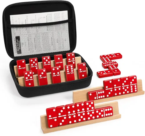 Conjunto de dominós jumbo para adultos con 4 estantes/bandejas de madera, juego de dominós doble 6 para viajes con estuche portátil, juego de Rojo