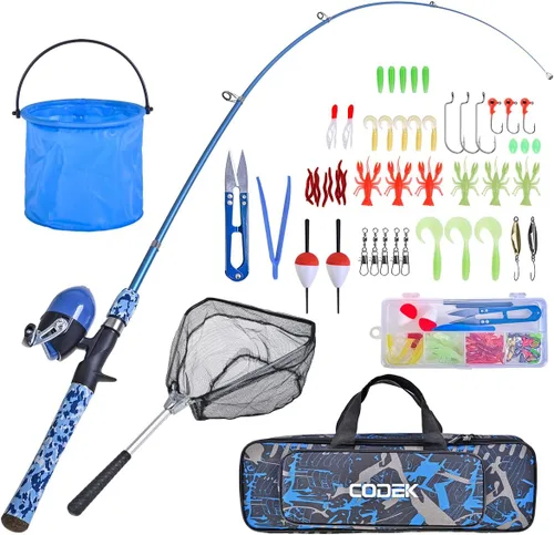 CODEK Juego de caña de pescar para niños con kits completos de iniciación, 2 juegos de caña de pescar telescópica portátil y carrete Spincast Cambos
