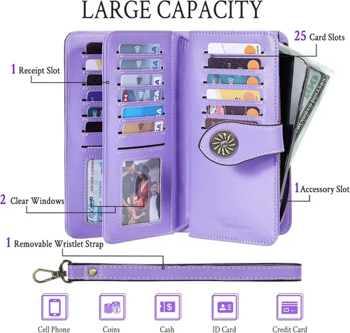 Miniatura 2 de Travelambo Cartera de mujer con bloqueo RFID para tarjetas de crédito, cartera de cuero de gran capacidad