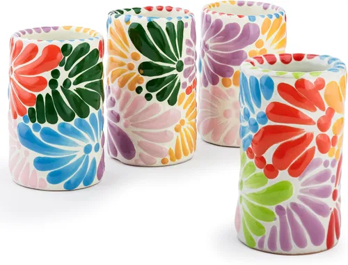 Miniatura 18 de Juego de 4 vasos de chupito Talavera auténticos mexicanos para tequila - Pintados a mano - 2 Oz (Flores naranjas)