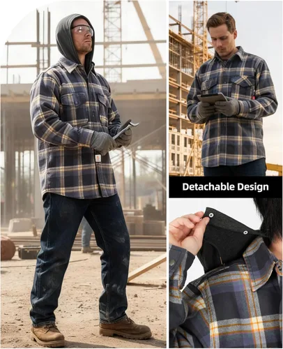 Miniatura 7 de BOCOMAL Camisas con capucha FR, camisas de franela a cuadros, con botones, resistentes al fuego, camisas de franela resistentes a la llama, chaqueta