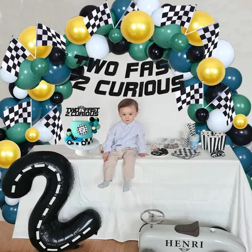 Miniatura 2 de Two Fast Two Curious - Decoraciones de cumpleaños, suministros de fiesta de coche de carreras, kit de arco de guirnalda de globos Let's Go Racing
