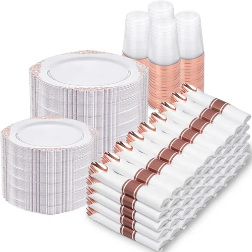 Miniatura 10 de Nervure 175 platos de plástico dorado transparente, platos desechables dorados para fiestas y servilletas preenrolladas con cubiertos para 25 Claro