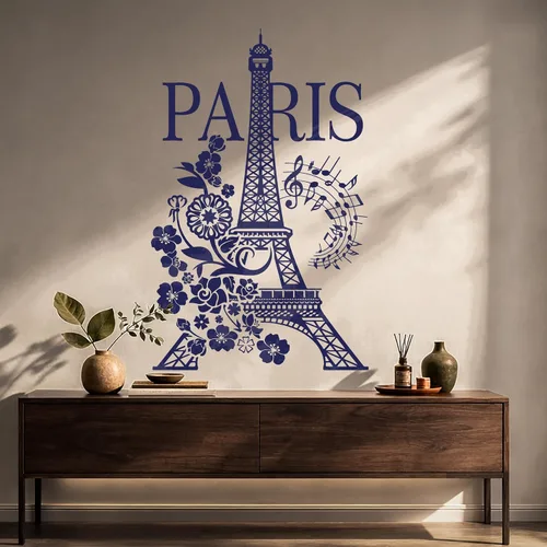 Miniatura 3 de Vinilo París Torre Eiffel Romántico Notas Musicales Flores Pegatinas Mural Decoración Grande (g4977) Negro