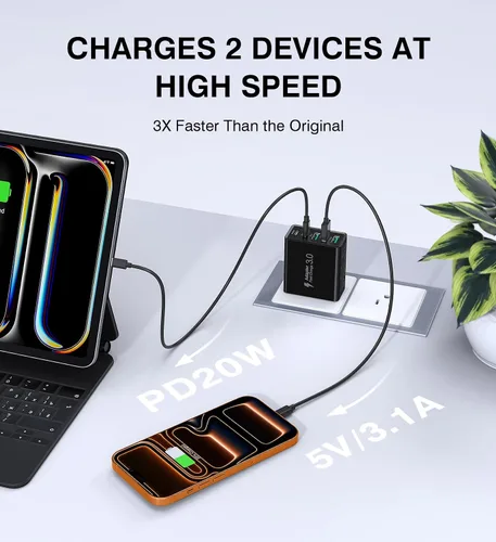 Miniatura 3 de [Paquete de 2] Cargador de pared USB C, bloque de cargador USB C de 50 W, bloques de carga rápida PD de 5 puertos, 2USB C + 3USB A enchufe