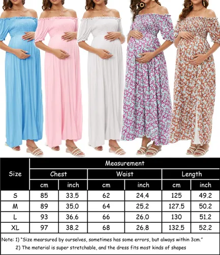 Miniatura 7 de ZIUMUDY Vestido de maternidad con hombros descubiertos y abertura lateral largo para sesión de fotos, vestido de baby shower fluido