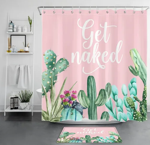 Miniatura 22 de LB Get Naked - Cortina de ducha de cactus con citas divertidas, plantas tropicales, suculentas, verdes, acuarela, cactus y flores, cortinas de ducha