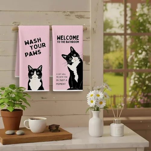 Miniatura 3 de Divertidas toallas de mano de baño con esmoquin rosa, decoración de baño para gato, toallas de mano de gatito blanco y negro para baño, 16 x 24