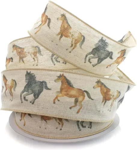 Miniatura 5 de Cinta con alambre de caballos salvajes florales de 2 1/2 pulgadas por 25 yardas Caballos salvajes florales azules