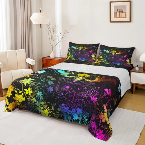 Miniatura 18 de Erosebridal Juego de sábanas tamaño individual con estampado de luna, diseño de flores de loto, color morado degradado, juego de sábanas orientales
