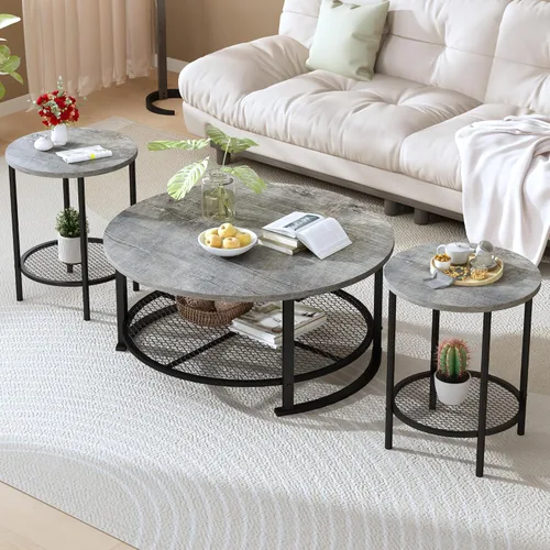 Miniatura 9 de DKLGG Mesas de centro negras de 3 piezas para sala de estar, mesa de centro redonda de madera de 3 piezas, mesas auxiliares y mesas auxiliares