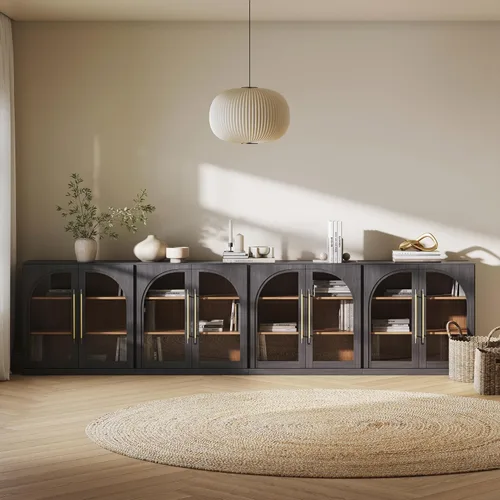 Miniatura 26 de BELLEZE Aparador Modular Acanalado Buffet con Almacenamiento, Mesa Consola Moderna de Mediados de Siglo con Puertas Arqueadas Simétricas, Elegante