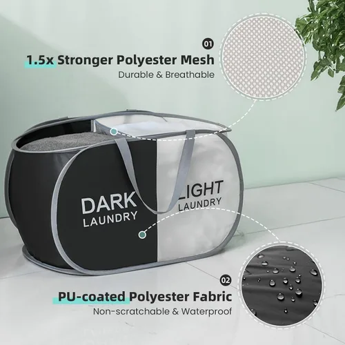 Miniatura 4 de Cesta plegable para la ropa sucia duradera con 2 compartimentos para clasificar y almacenar, cesta portátil para ropa sucia para dormitorio, cuarto