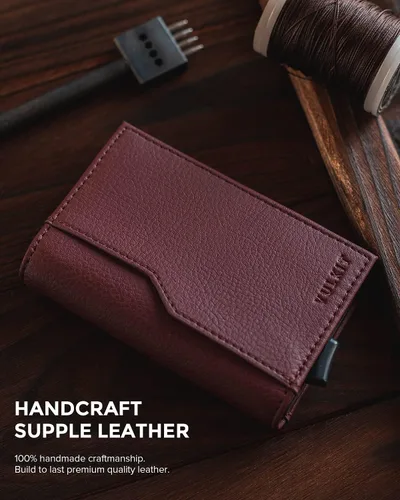 Miniatura 4 de VULKIT Tarjetero con ventana de identificación, tarjetas emergentes, delgada, de cuero, con protección RFID, hasta 12 tarjetas, funda para tarjetas