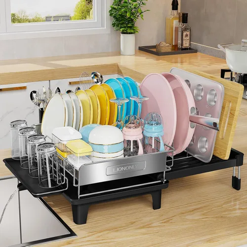 Escurridor de platos expandible para encimera de cocina, acero inoxidable 304, placa retráctil abatible, ajustable multidireccional, estante de