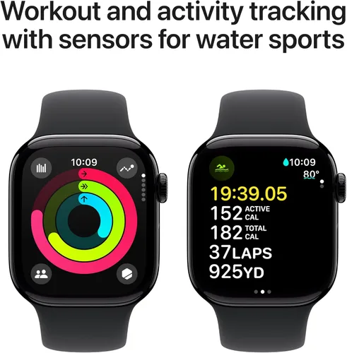 Miniatura 4 de Apple Watch Series 10 (42 mm, GPS) con caja de aluminio negro azabache, correa deportiva negra, S/M monitor fitness, app ECG, pantalla Retina Caja
