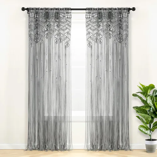 Lush Decor Panel de cortina de algodón con hojas de macramé bohemio para ventana, 40 pulgadas de ancho x 84 pulgadas de largo, color gris, cortinas
